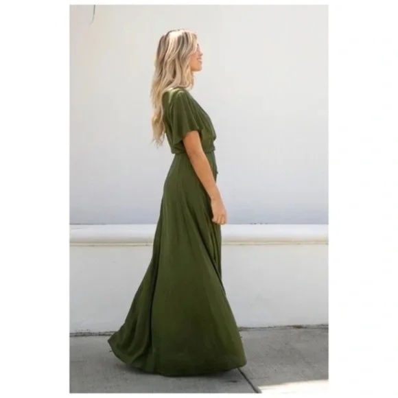 Olive Green Short Flutter Sleeve Wrap Spring Maxi Dress - Picture 6 of 6